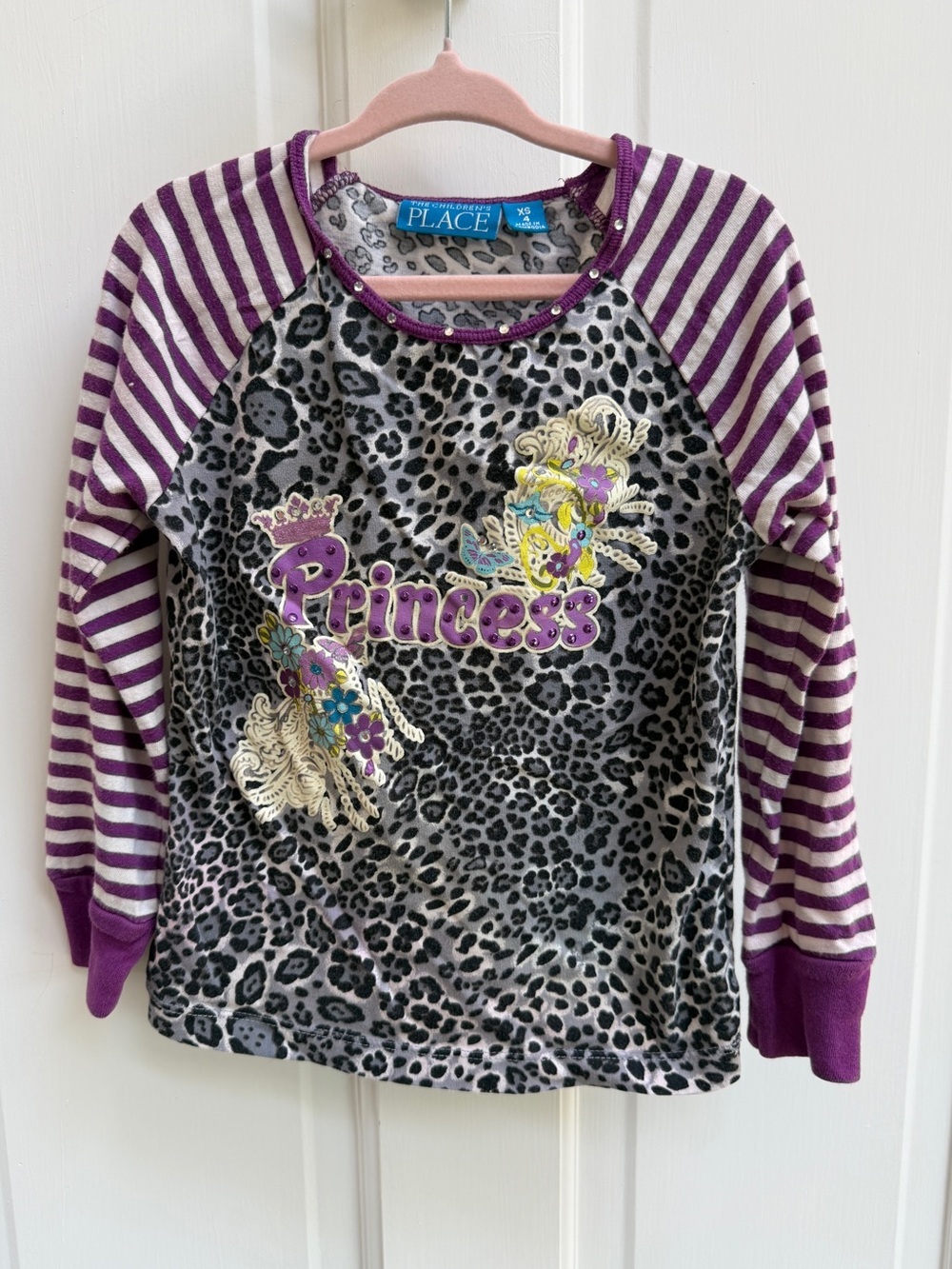 The Children's Place Girls 4 Purple Gray Princess Leopard Long Sleeve Top Shirt